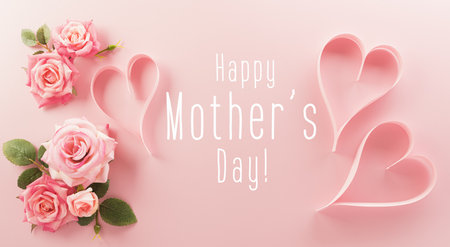 Love, Valentine, mother and women's day concept made from pink paper hearts, roses and the text on...