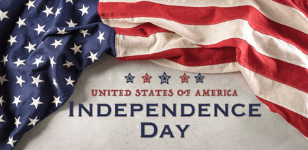 Happy Independence day: 4th of July, American flag on white wooden background.