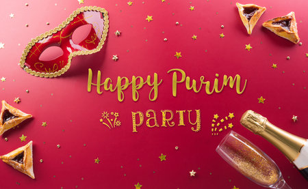 Happy Purim carnival decoration concept made from golden mask star and glitter on red background. (Happy Purim in Hebrew, jewish holiday celebrate)の写真素材