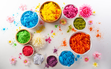 Happy Holi decoration, the indian festival.Top view of colorful holi powder and flower on white background.の写真素材