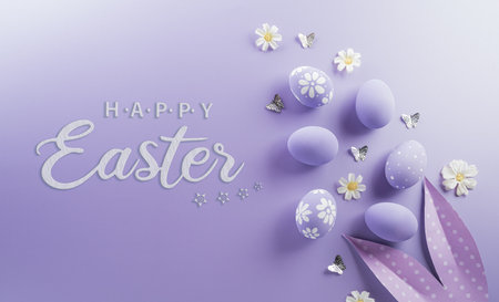Easter party concept. Top view of easter bunny ears and colorful eggs with the text on pastel background.の写真素材