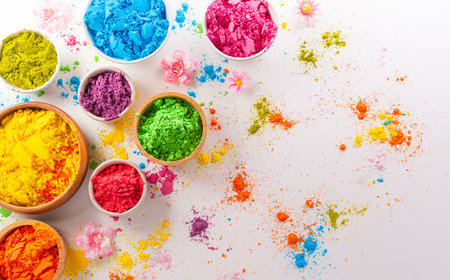 Happy Holi decoration, the indian festival.Top view of colorful holi powder on white background.の写真素材