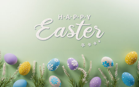Easter party concept. Top view of easter bunny ears and colorful eggs on pastel background with the text.の写真素材