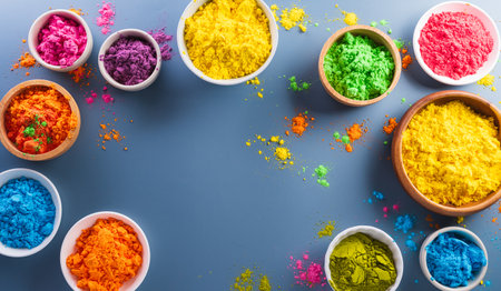 Happy Holi decoration, the indian festival.Top view of colorful holi powder on dark blue background.の写真素材
