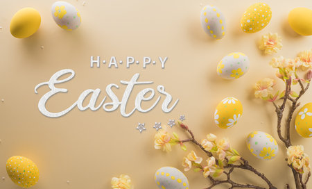 Happy easter! Colourful Easter eggs on pastel background. Decoration concept for greetings and presents on Easter Day celebrate time.の写真素材