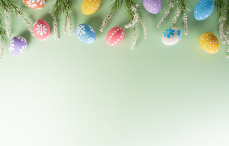 Easter party concept. Top view of colorful eggs on pastel background with copyspace for the text.の写真素材
