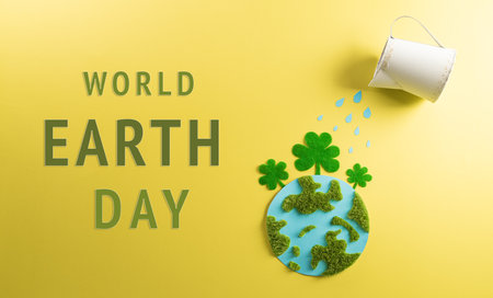 World environment day, earth day, save earth and eco concept. Concept of watering handmade globe from grass and paper on yellow background.の写真素材