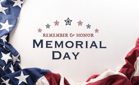 Happy Memorial day concept made from American flag and the text on white wooden background.の写真素材