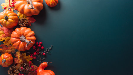 Thanksgiving and Autumn decoration concept made from autumn leaves and pumpkin on dark background....