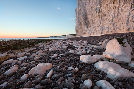 Dusk light over white cliffs at Birling Gap beach, Eastbourneの写真素材