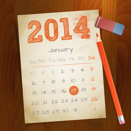 Calendar January 2014 vintage paper note on wood background vector illustration  Isolated  layered  のイラスト素材