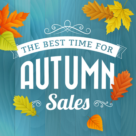 autumn time for sales business poster on blue wood background. layered.のイラスト素材