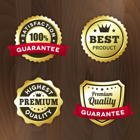 set business gold label on wood vector background. isolated from background. best product / premium quality tagのイラスト素材