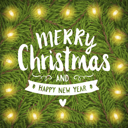 Merry christmas hand drawing on twig background with lights.のイラスト素材