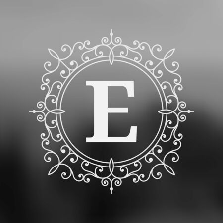 Calligraphic monogram emblem template design. Ornament line design vector illustration on blurred landscape background. Good for personal sign, Restaurant, Cafe, Hotel, Jewelry, Fashion, Storeのイラスト素材