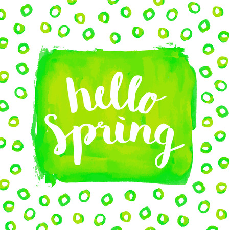 Hello spring phrase hand paint watercolor brushed poster background. Vector illustration.のイラスト素材