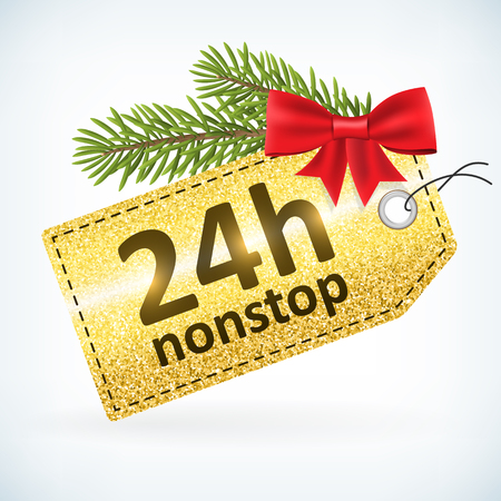 Christmas golden glitter label 24h open nonstop vector with bow and twig .Isolated from background. layered.のイラスト素材