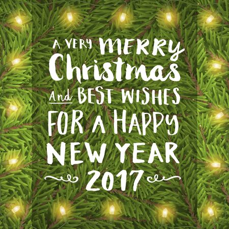 Merry christmas hand drawing text on twig background with light bulb. Vector greeting card for print or banner.のイラスト素材