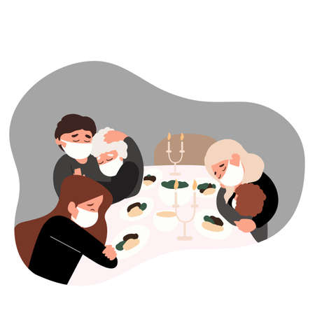 Family mourning grandfather's death. Covid great loss. People in sorrow. Isolation during coronavirus. People wearing medical masks.のイラスト素材