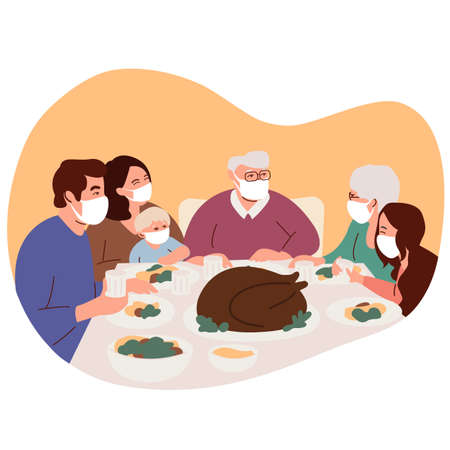Happy family celebrates a Thanksgiving Day. Isolation during coronavirus. Turkey is on the table. People give thanks to God. Family wearing medical masks. Covid protection and isolation. Vectorのイラスト素材