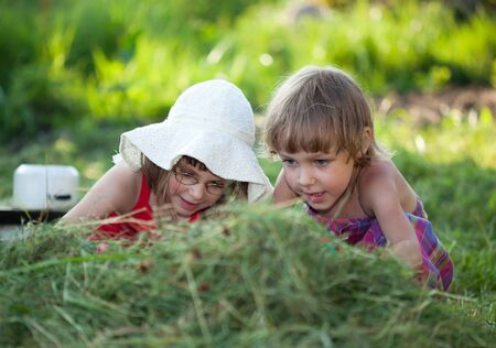 Beautiful Little Girls in the grassの写真素材