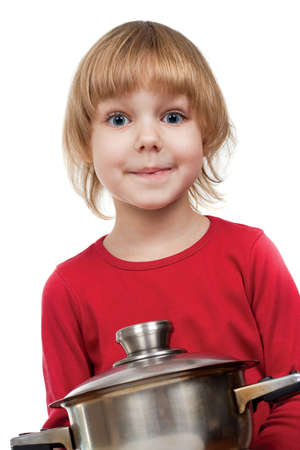 Happy chef girl stirring soup. isolated on whiteの写真素材