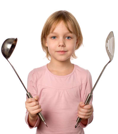 Happy chef girl. isolated on whiteの写真素材