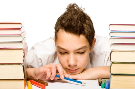 Boy with book. isolated on white backgroundの写真素材