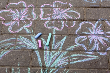 Chalk picture flowers paiting on concreteの写真素材