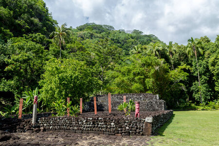 Statues of gods of Polynesia people in the sacred spot.の写真素材