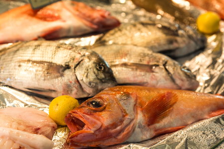 Freshly caught fish on sale at farmers market stall