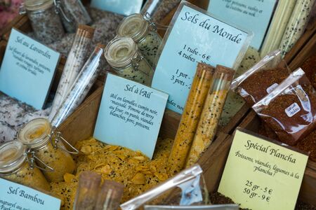 French cooking spices on farmers market stallの写真素材