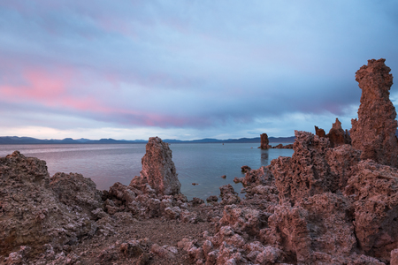 Tufa fomations of Mono Lake in California USA lit by morning lightの写真素材