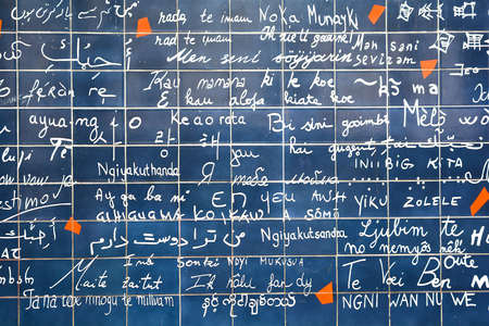 Paris, France - October 21, 2014: The Wall of Love. Wall with phrase I love you in different Languagesのeditorial素材