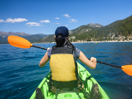 POV angle of person kayaking at Lake Tahoeの写真素材