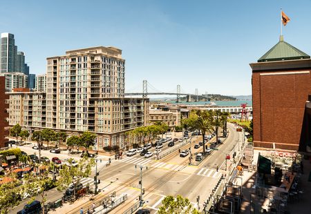 View at Embracadero street and Bay Bridge from AT T Parkのeditorial素材
