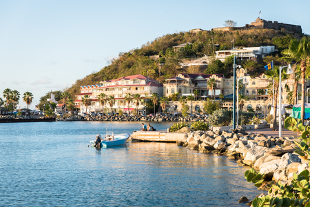 Fort St. Louis in Marigot with coastal hotels of foregroundのeditorial素材