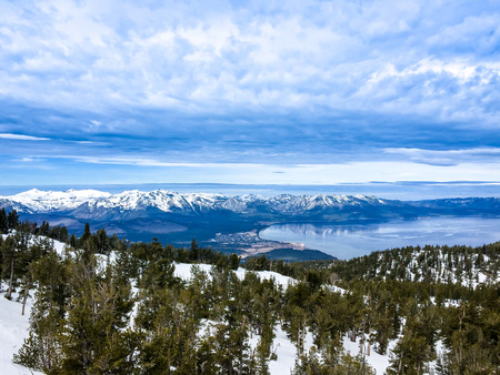 Famous Lake Tahoe winter landscape seen from ski resortの写真素材
