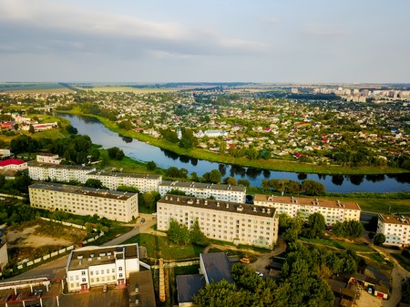 Aerial view of Dnieper river flowing through Orsha Belarusの写真素材
