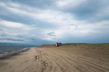 Mobile spa on the shoreline of Lake Baikal in Siberiaの写真素材