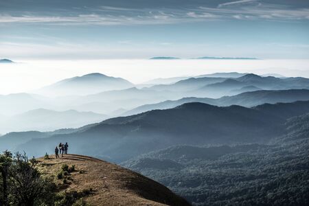 Trekkers standing on the hill, Monjong, Thailandの写真素材