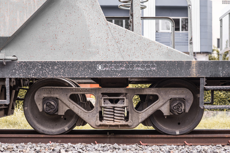Side view pair of train wheels on the trackの写真素材