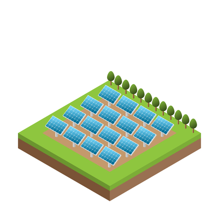 Simple isometric solar cell power plant isolated, white backgroundのイラスト素材