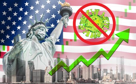 Concept of economic recovery after found vaccine and the coronavirus pandemic end, uptrend stock with green arrow and The Statue of Liberty with mask background in United Statesの写真素材