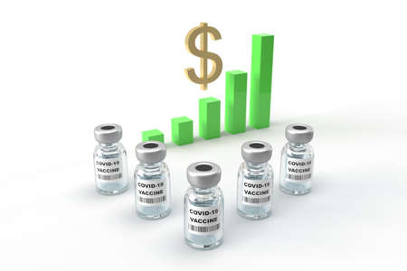 Concept of economic recovery after success the covid-19 vaccine and uptrend stock with green sign background, 3D rendering illustrationの写真素材