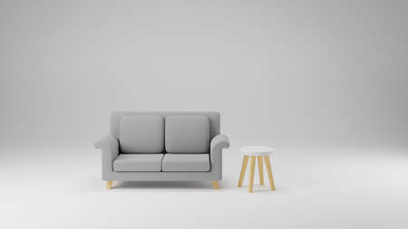 Cozy living room minimal style white and grey tone, 3D rendering illustrationの写真素材