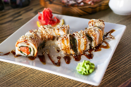 Sushi and rolls in plate. Japanese favorite food sushiの写真素材