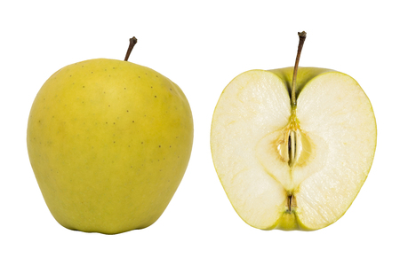 Whole green apples and half of apple isolated on a white backgroundの写真素材