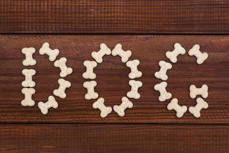Dog bone and dog candy on wood background