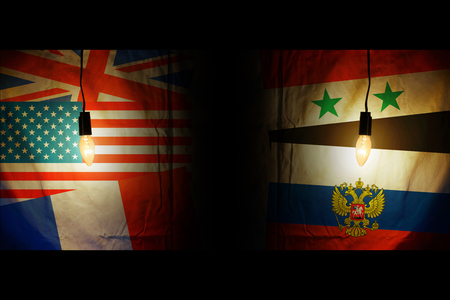 Flags of America, Britain, France opposite the flags of Syria and Russiaの写真素材